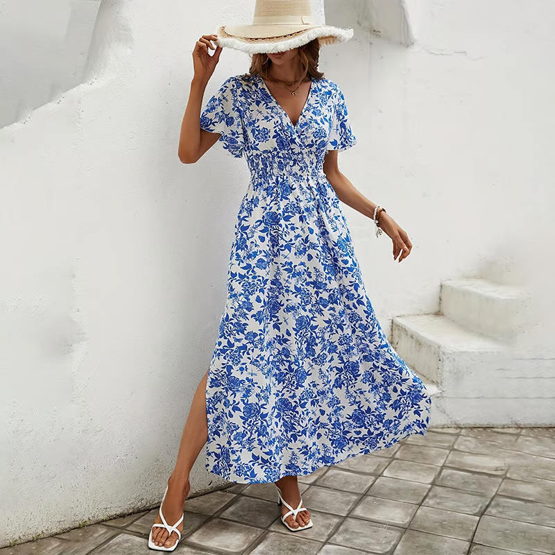 Bea - Bohemian V-Neck Blue Beach Dress