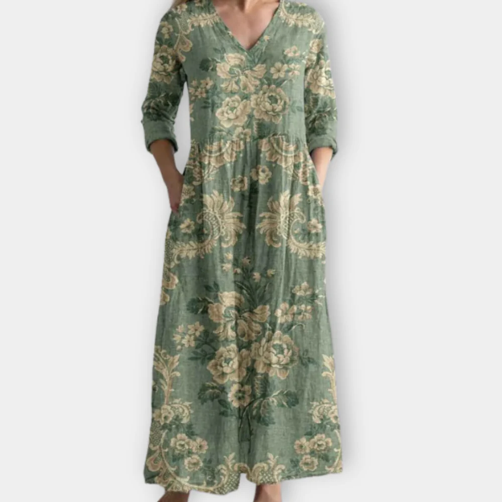 Pearl - Elegant V-Neck Floral Cotton Dress